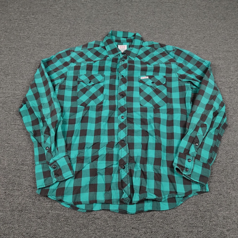 Topo Designs Shirt Mens Large Green Plaid Long Sleeve Western Snap USA